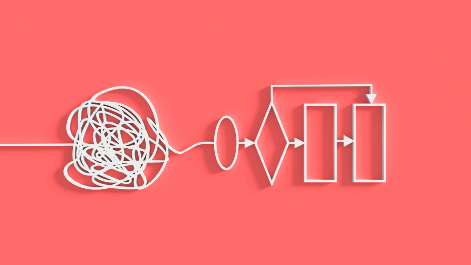 A tangled scribble straightening out into a flowchart of shapes